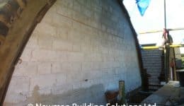 Images show condition of brickwork following removal of render, the facade repaired with Property Cosmetics brick repair mortar and the finished, tinted facade.